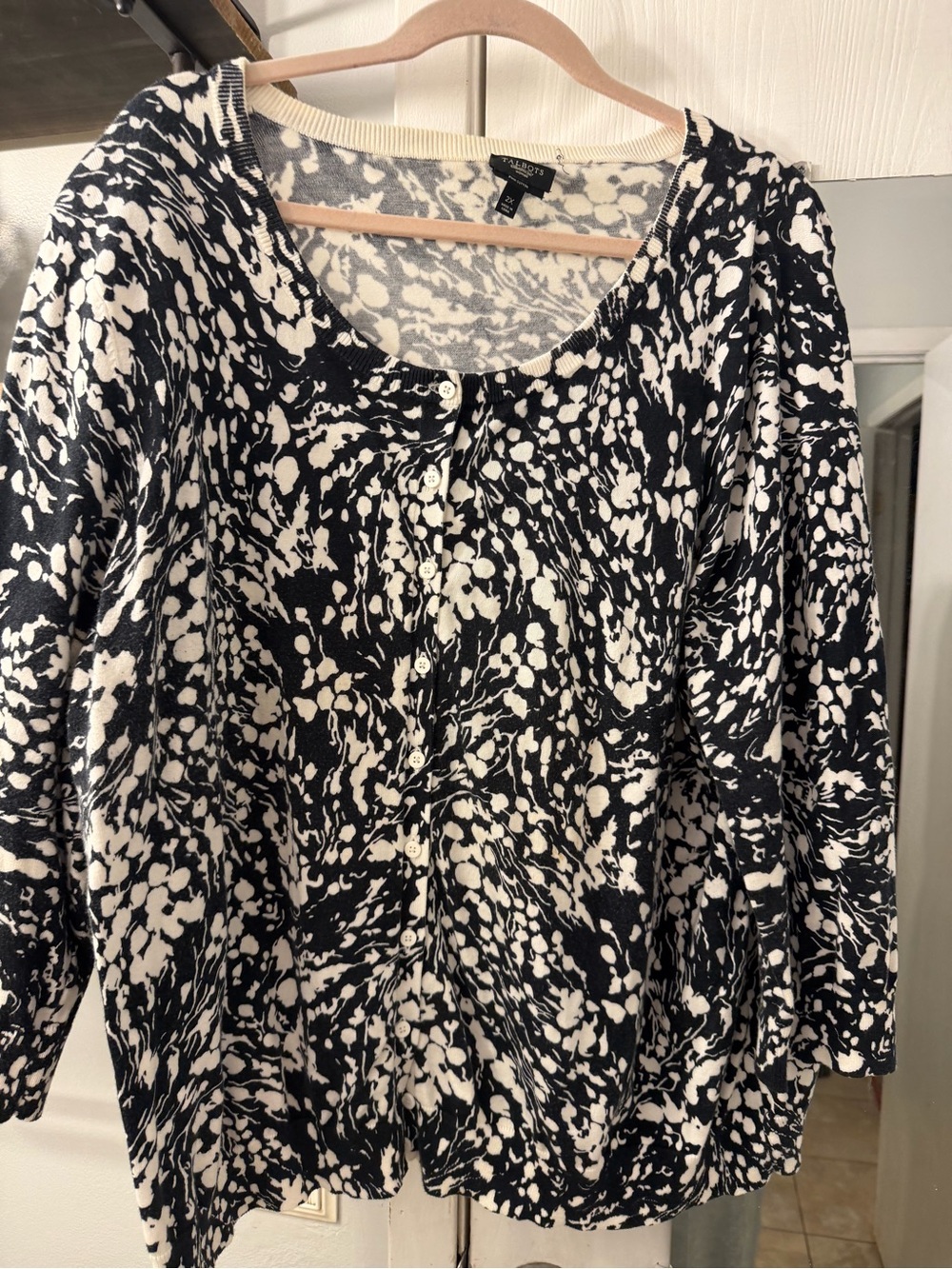 Talbots Black and White Floral-Print Cardigan